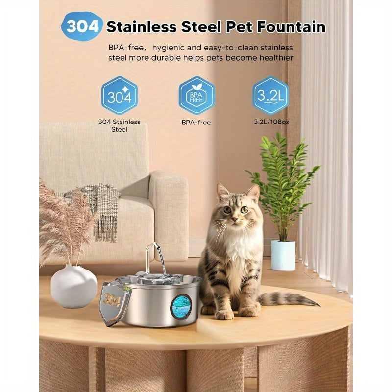 Pet Fountain Stainless steel water dispenser - 3.2L/ 108oz, visual window, easy to check the water level