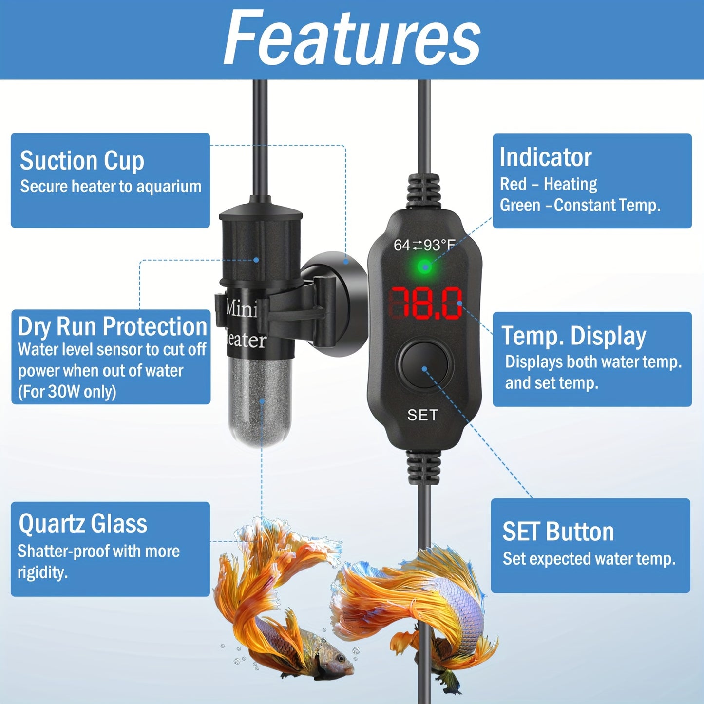 10W/20W/30W Small Aquarium Heater - Submersible, Digital Display Thermostat Turtle & Small Fish Tanks (1-6 Gallons)