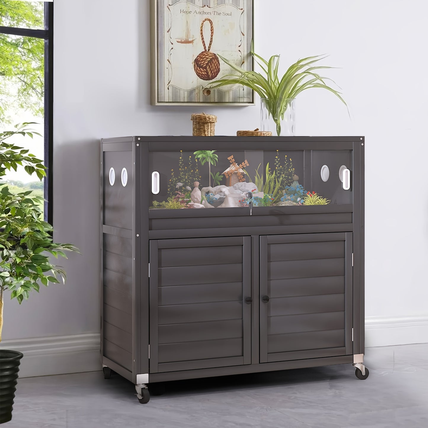 Reptile Terrarium Stand, 30 Gallon Reptile Tank with Adjustable Storage Cabinet, Wheels & Metal Mesh Roof Door
