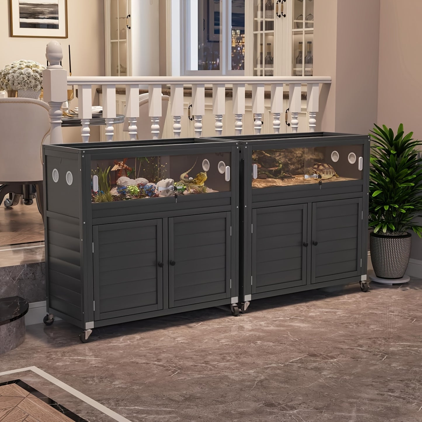 Reptile Terrarium Stand, 30 Gallon Reptile Tank with Adjustable Storage Cabinet, Wheels & Metal Mesh Roof Door
