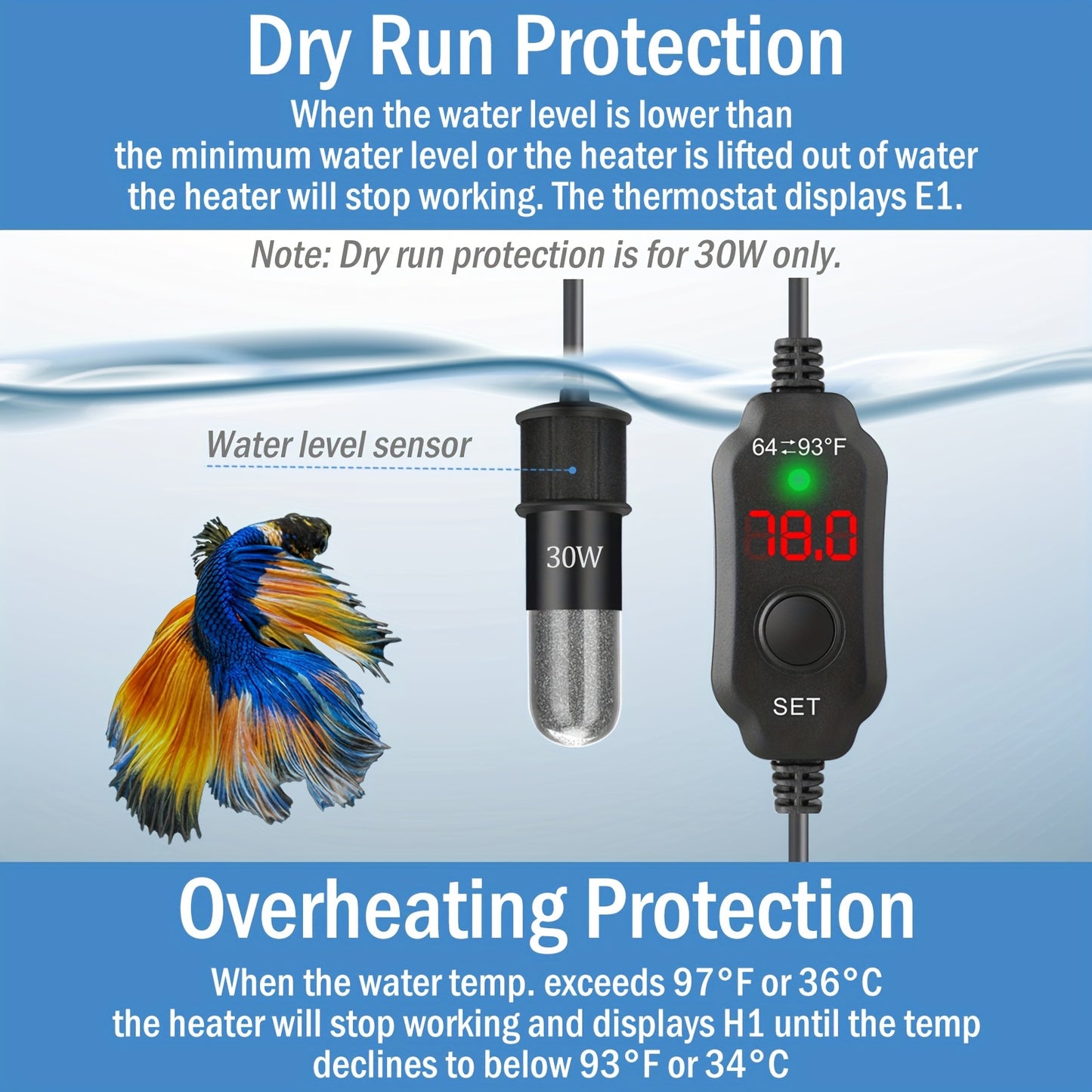 10W/20W/30W Small Aquarium Heater - Submersible, Digital Display Thermostat Turtle & Small Fish Tanks (1-6 Gallons)