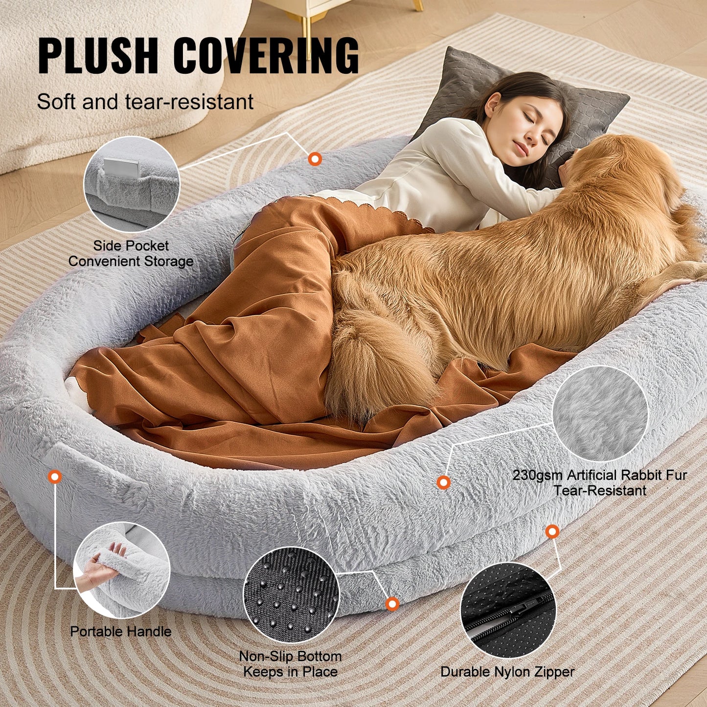 VEVOR Human Dog Bed Human Dog Bed for Adult Human Size Dog Bed with Washable Faux Rabbit Fur Cover