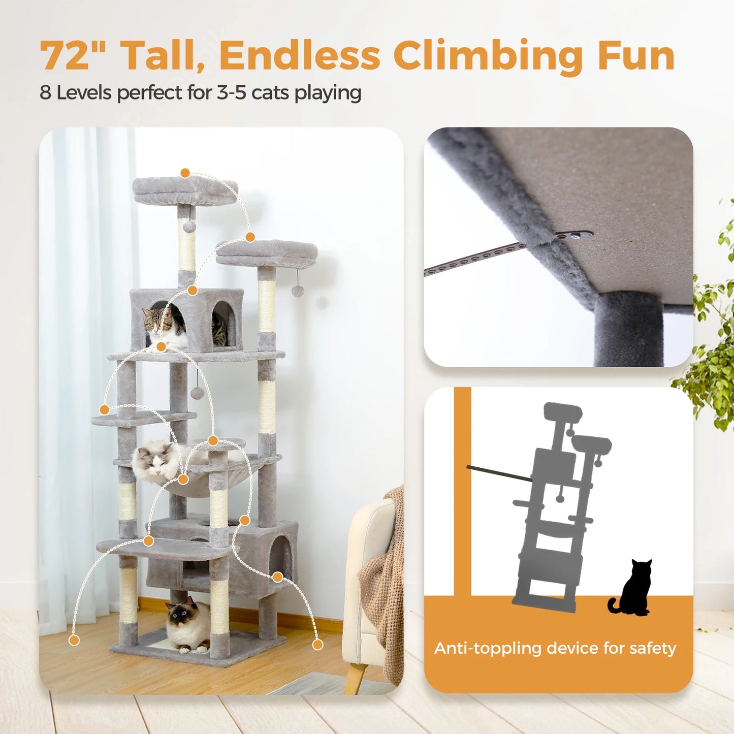 184cm Large Cat Tree and Tower for Indoor Cats With Sisal-Covered Scratching Posts Spacious Hammock