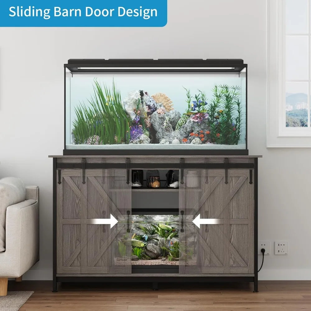 Farmhouse  Fish Tank Stand with Power Outlet, Aquarium Stand with Storage Cabinet and Sliding Barn Door
