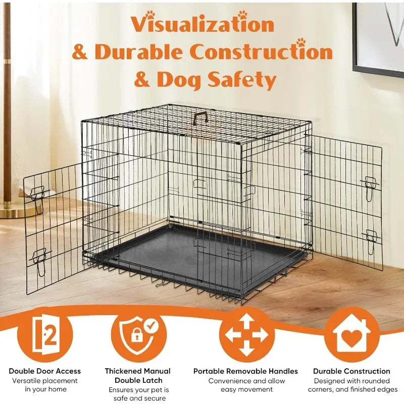 Double Door Folding Wire Dog Cage with Plastic Leakproof Tray