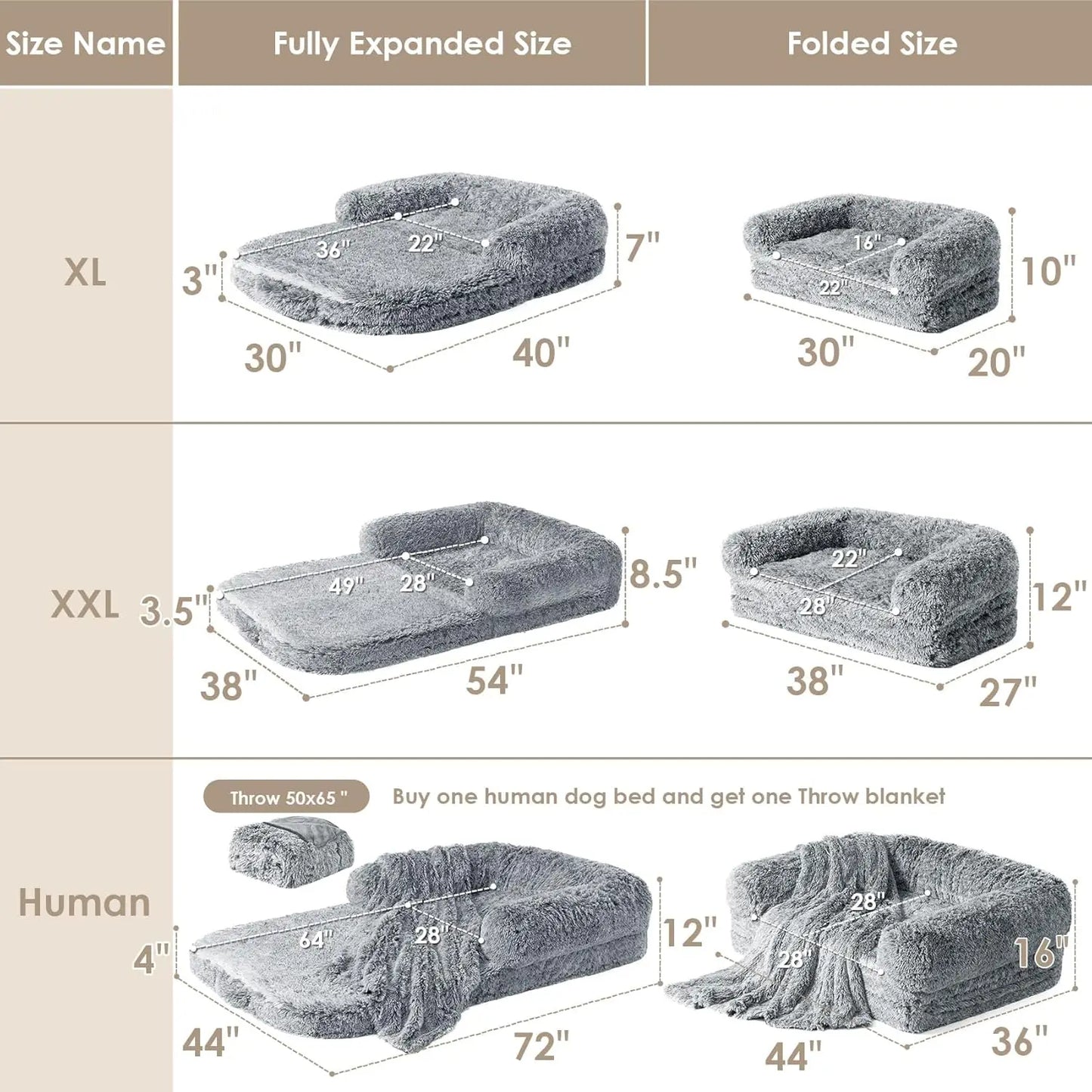Foldable Human Dog Bed for Adult, Orthopedic Memory Foam Bed for Bed Human Sized Bed, Grey, 72"x44"x12"