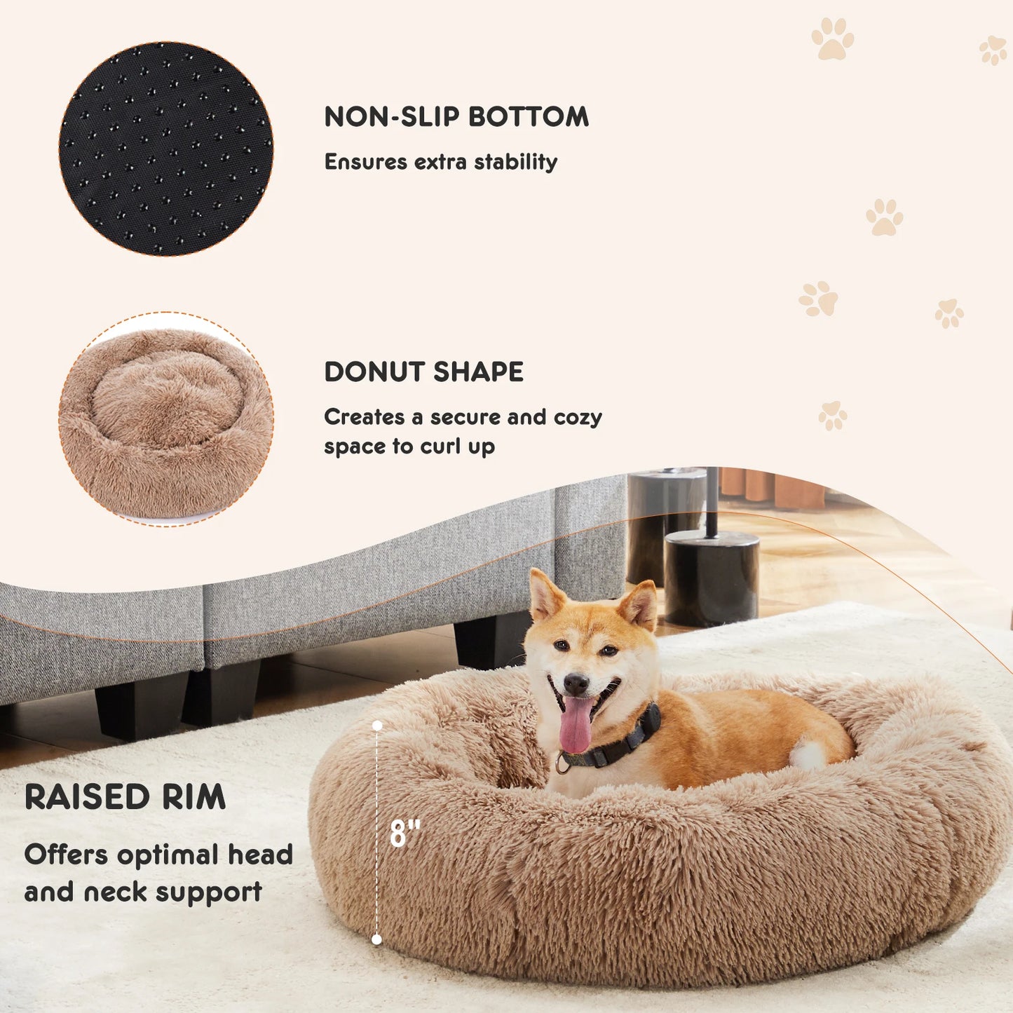 Dog Bed for Medium to Large Dogs Washable Large Pet Bed Anti-Slip Round Fluffy Plush Faux Fur Dog Bed