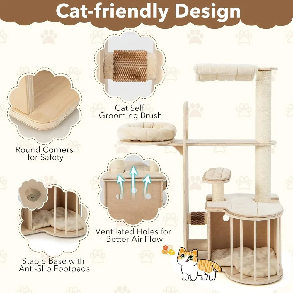 Tall Cat Tree for Indoor Cats, 55 Inch Multi-Level Center with Hammock, Cat Condo, Sisal Scratching