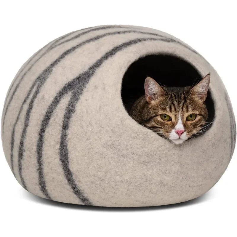 Premium Felt Cat Bed Cave - Handmade 100% Merino Wool Bed for Cats and Kittens