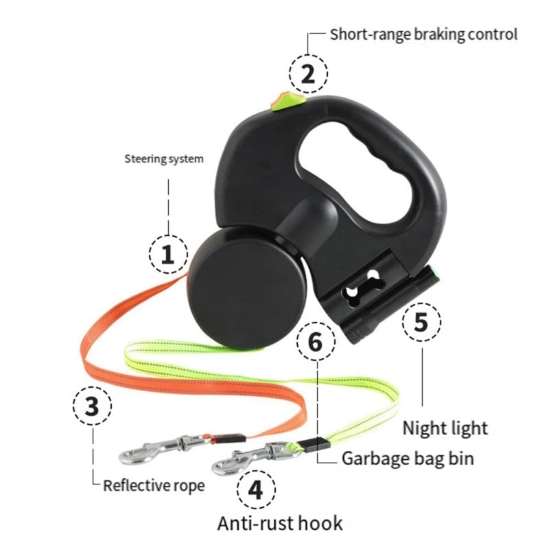 Self-retracting leash with LED light, dog walker with 360° swivel double-ended leash
