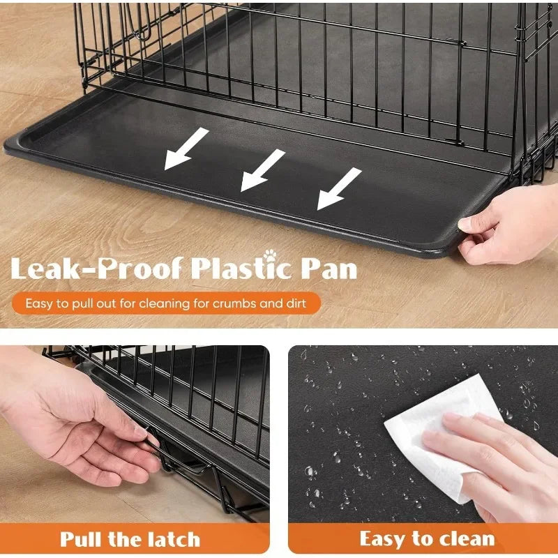 Double Door Folding Wire Dog Cage with Plastic Leakproof Tray