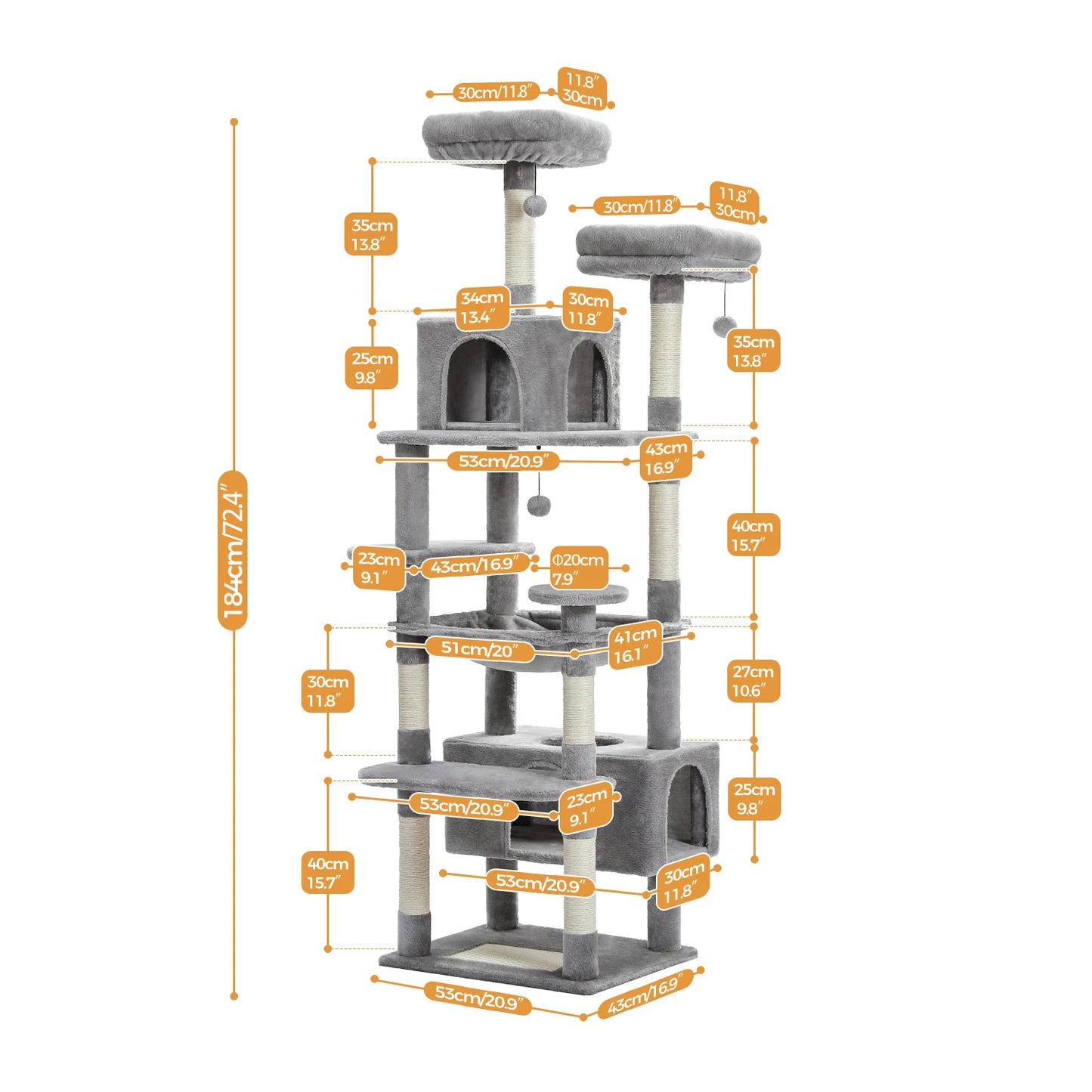 184cm Large Cat Tree and Tower for Indoor Cats With Sisal-Covered Scratching Posts Spacious Hammock