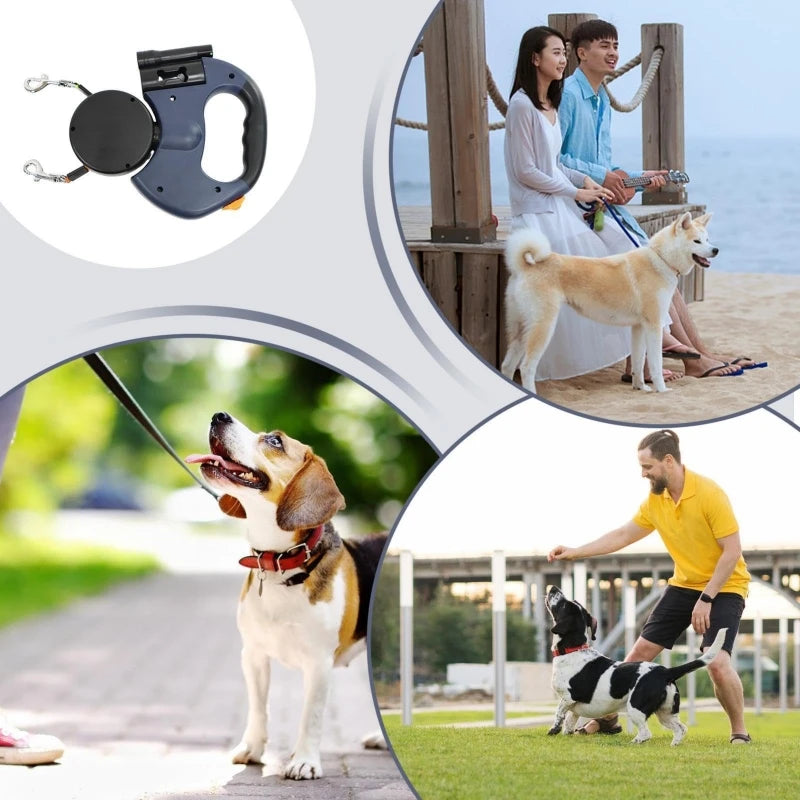 Self-retracting leash with LED light, dog walker with 360° swivel double-ended leash
