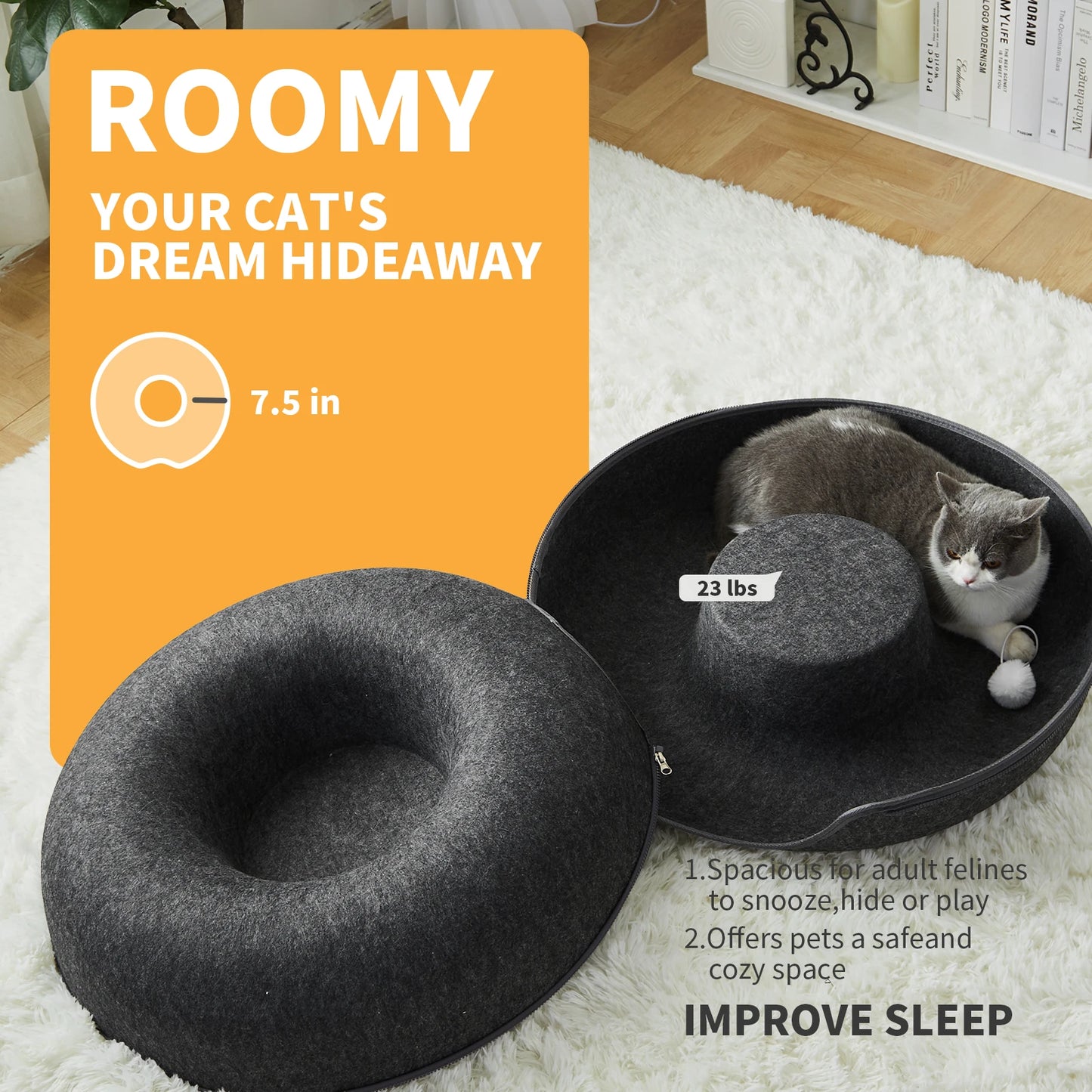 24 Inch Large Donut Cat Bed - Spacious Peekaboo Cat Cave for Multiple Cats Up to 30 Lbs