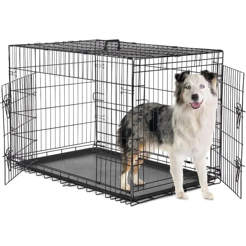 Double Door Folding Wire Dog Cage with Plastic Leakproof Tray