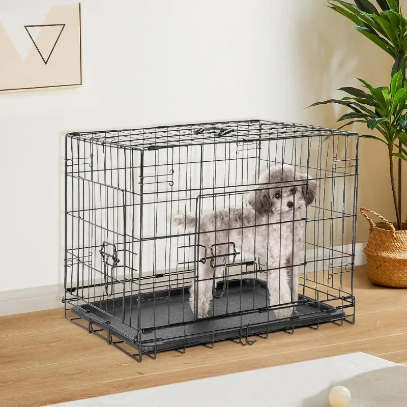 Double Door Folding Wire Dog Cage with Plastic Leakproof Tray