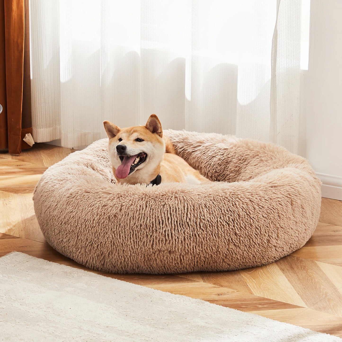Dog Bed for Medium to Large Dogs Washable Large Pet Bed Anti-Slip Round Fluffy Plush Faux Fur Dog Bed