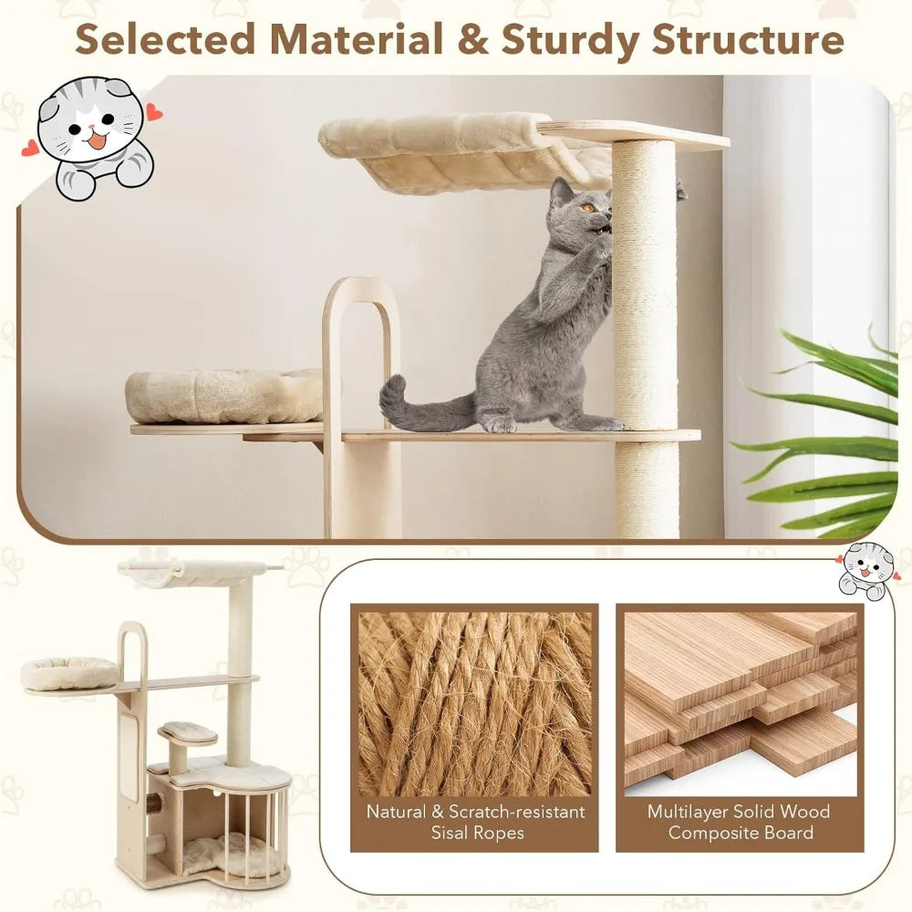 Tall Cat Tree for Indoor Cats, 55 Inch Multi-Level Center with Hammock, Cat Condo, Sisal Scratching