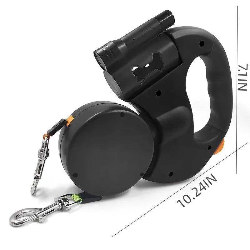 Self-retracting leash with LED light, dog walker with 360° swivel double-ended leash