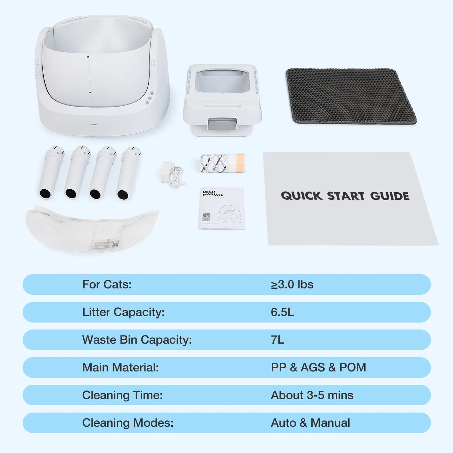 Automatic Open Top Litter Box for Multiple Cats, Smart Litter Box, Includes Mat And Trash Bags