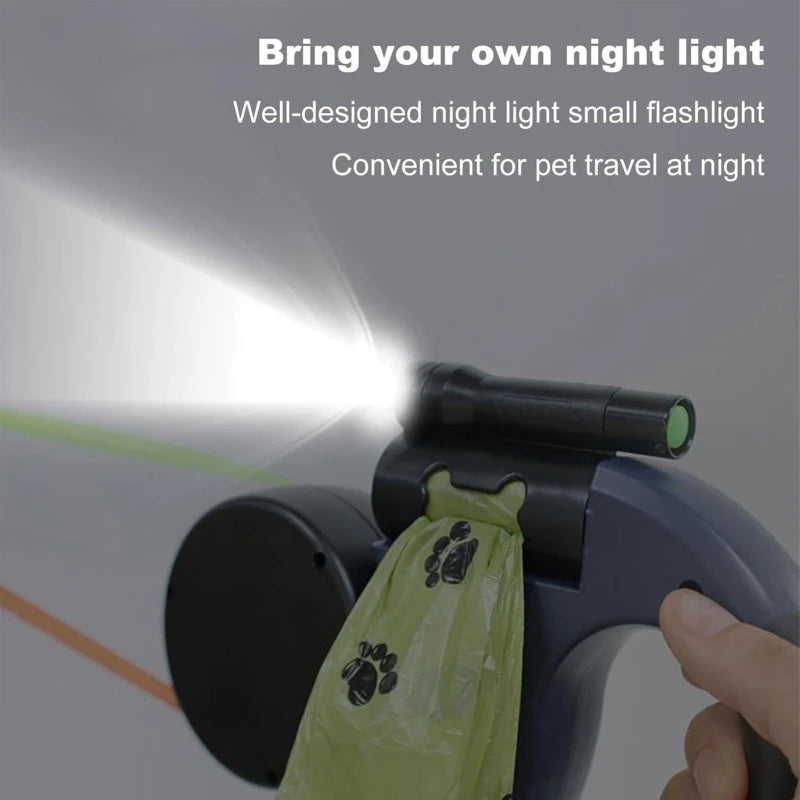 Self-retracting leash with LED light, dog walker with 360° swivel double-ended leash