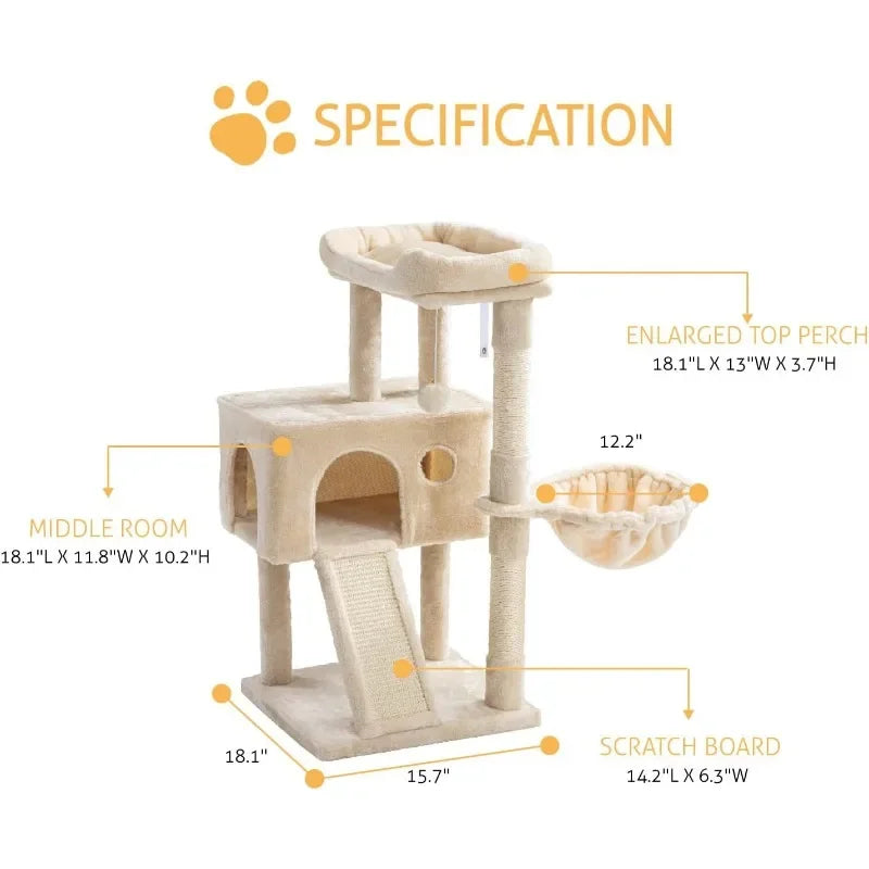 Cat Tree 36-inch Cat Tower with Cat Hammock, Sisal Grab After Indoor Cat, Small Room, Beige