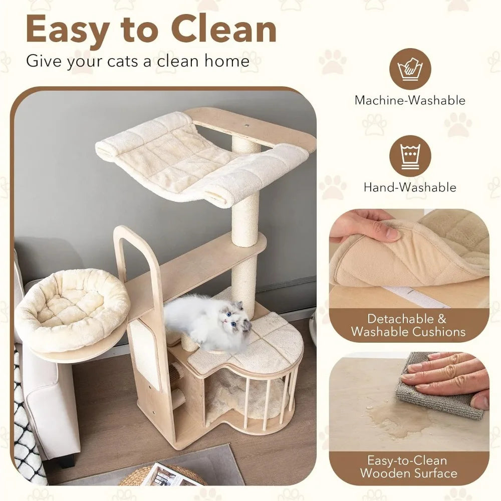 Tall Cat Tree for Indoor Cats, 55 Inch Multi-Level Center with Hammock, Cat Condo, Sisal Scratching