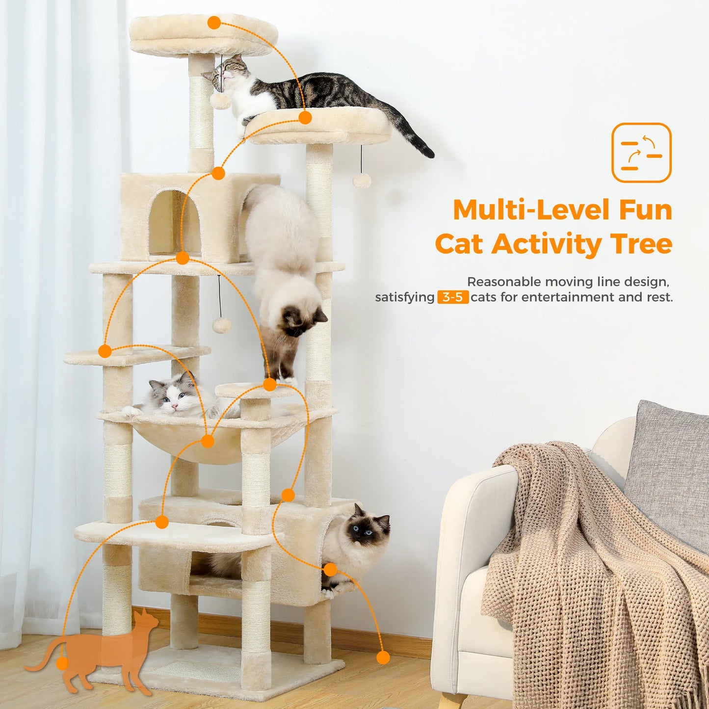 184cm Large Cat Tree and Tower for Indoor Cats With Sisal-Covered Scratching Posts Spacious Hammock
