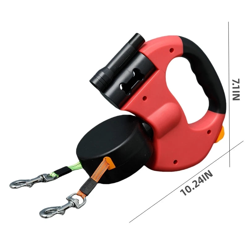 Self-retracting leash with LED light, dog walker with 360° swivel double-ended leash
