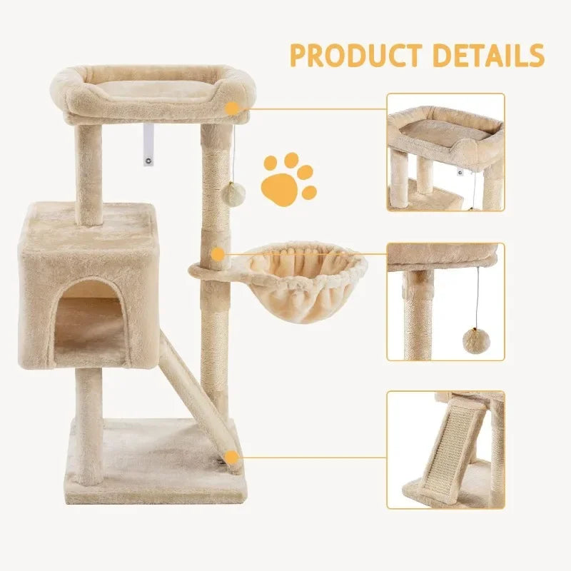 Cat Tree 36-inch Cat Tower with Cat Hammock, Sisal Grab After Indoor Cat, Small Room, Beige