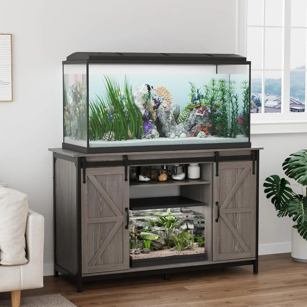 Farmhouse  Fish Tank Stand with Power Outlet, Aquarium Stand with Storage Cabinet and Sliding Barn Door