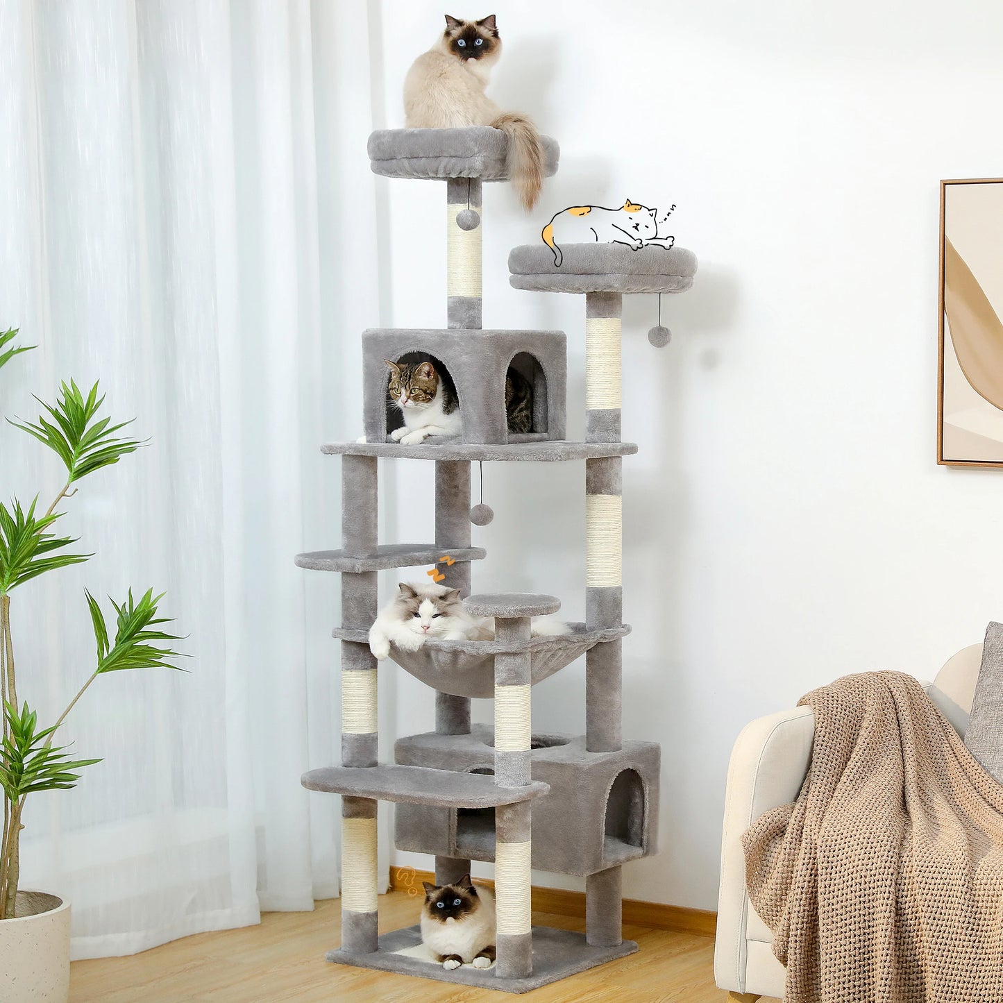 184cm Large Cat Tree and Tower for Indoor Cats With Sisal-Covered Scratching Posts Spacious Hammock