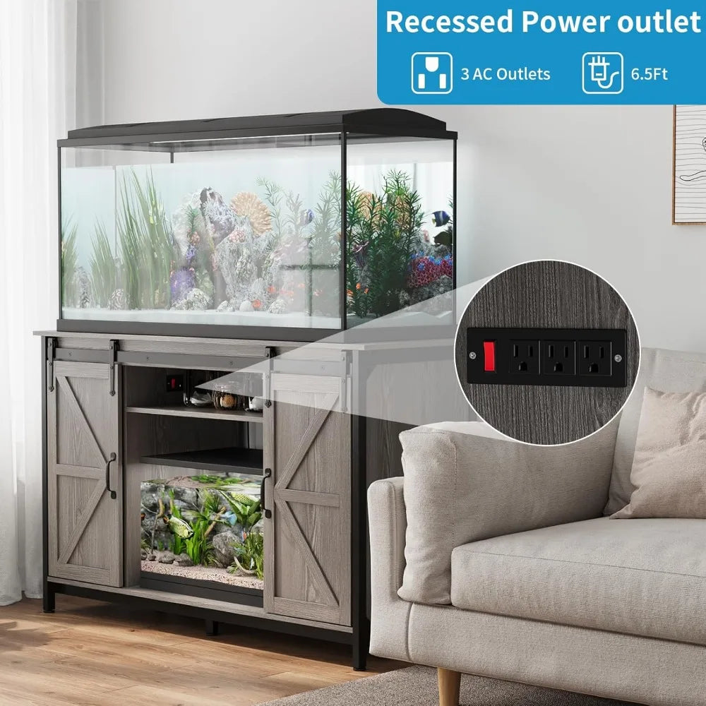 Farmhouse  Fish Tank Stand with Power Outlet, Aquarium Stand with Storage Cabinet and Sliding Barn Door