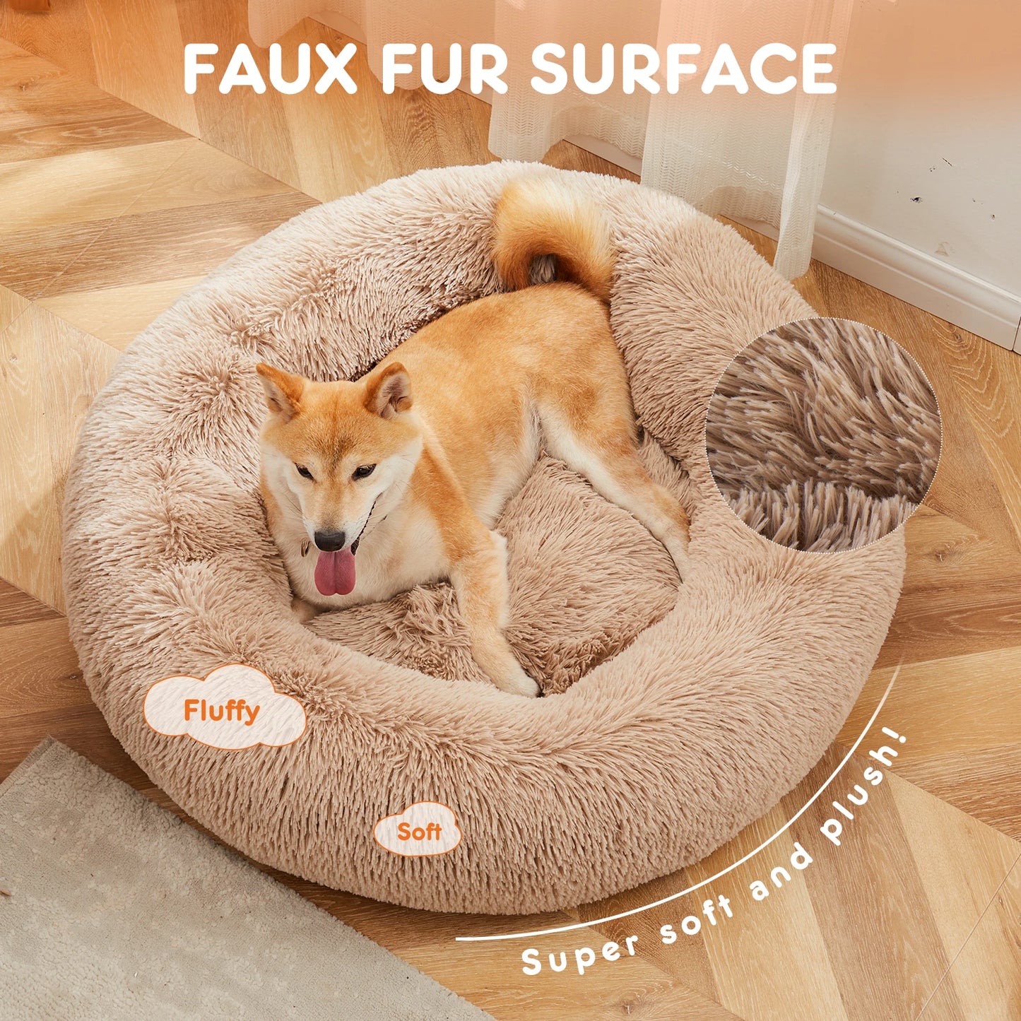 Dog Bed for Medium to Large Dogs Washable Large Pet Bed Anti-Slip Round Fluffy Plush Faux Fur Dog Bed