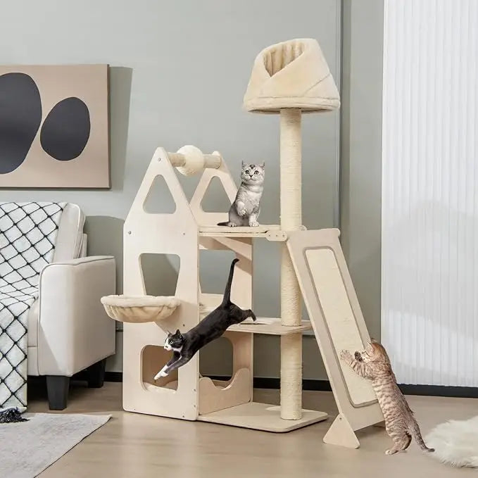 Tall Cat Tree for Indoor Cats, 55 Inch Multi-Level Center with Hammock, Cat Condo, Sisal Scratching
