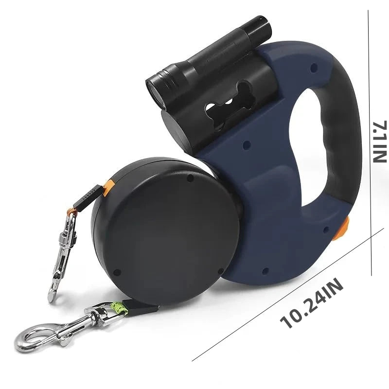 Self-retracting leash with LED light, dog walker with 360° swivel double-ended leash