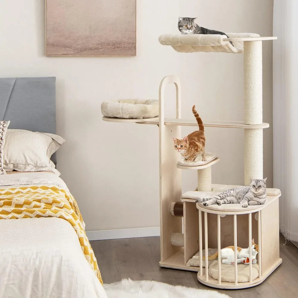 Tall Cat Tree for Indoor Cats, 55 Inch Multi-Level Center with Hammock, Cat Condo, Sisal Scratching