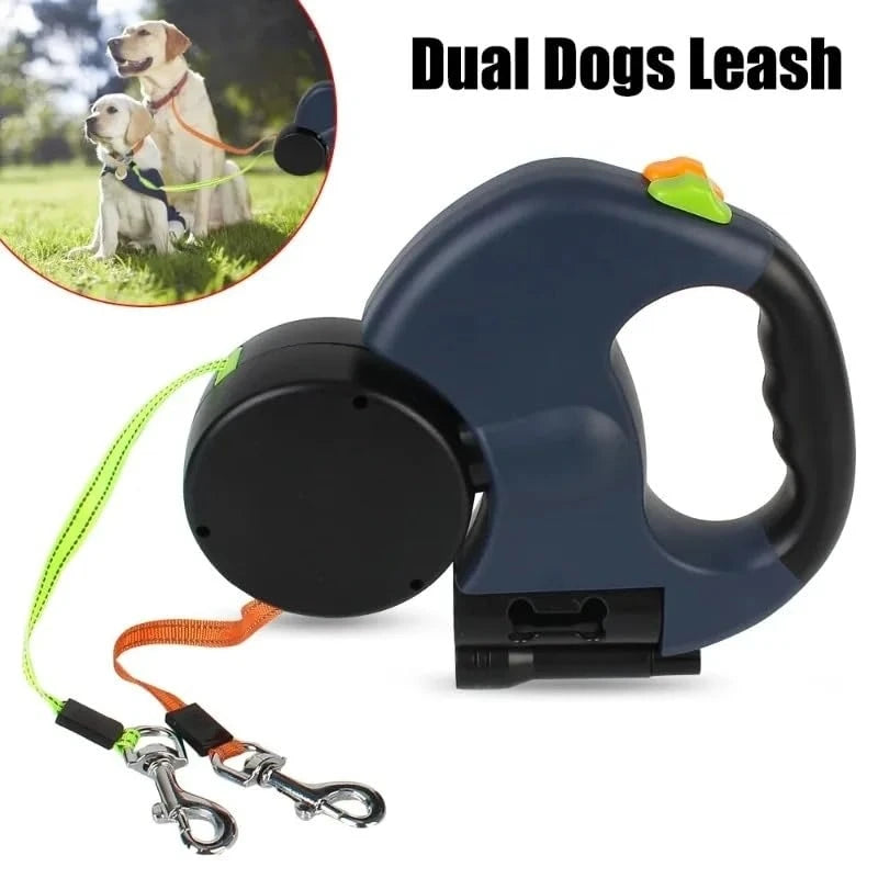 Self-retracting leash with LED light, dog walker with 360° swivel double-ended leash