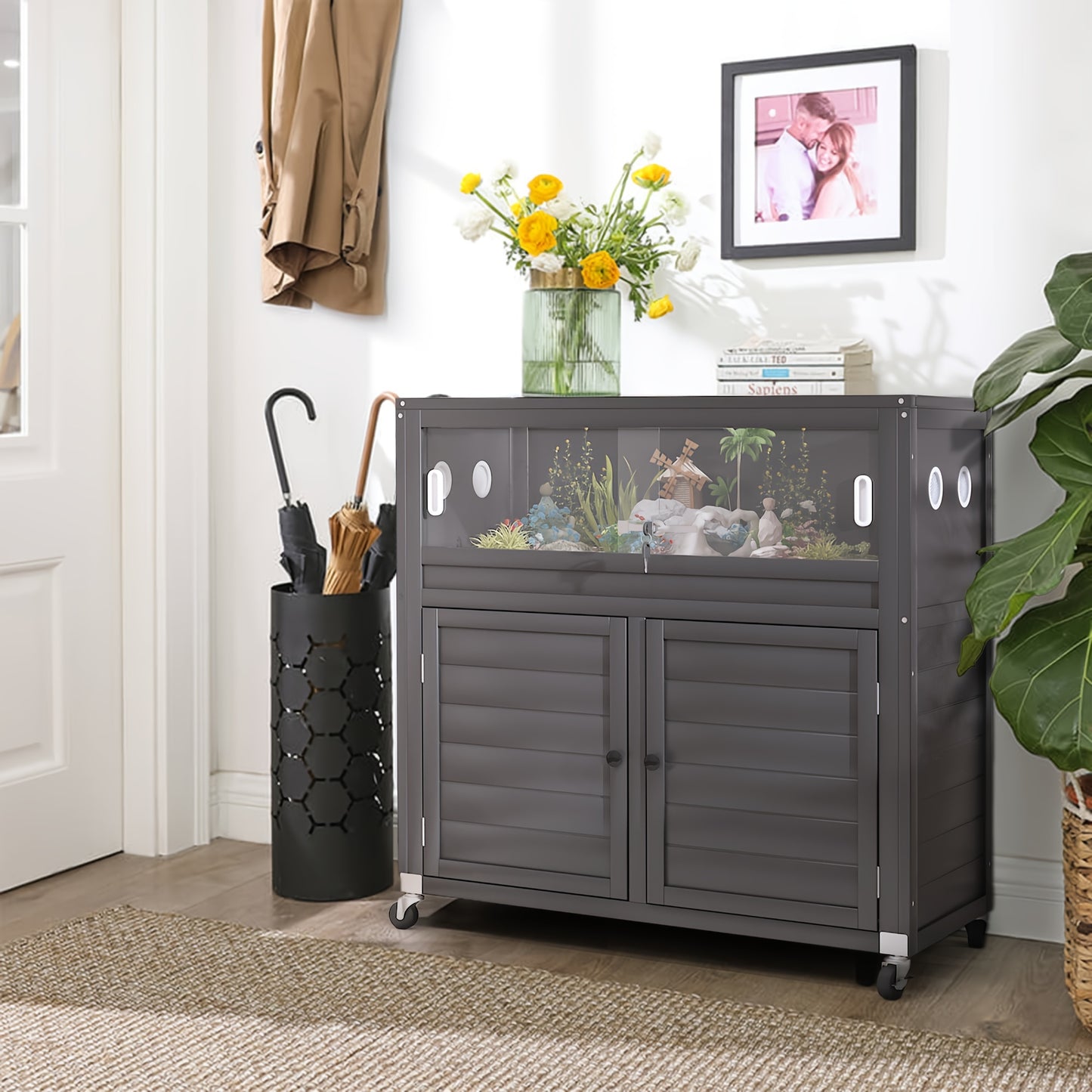 Reptile Terrarium Stand, 30 Gallon Reptile Tank with Adjustable Storage Cabinet, Wheels & Metal Mesh Roof Door