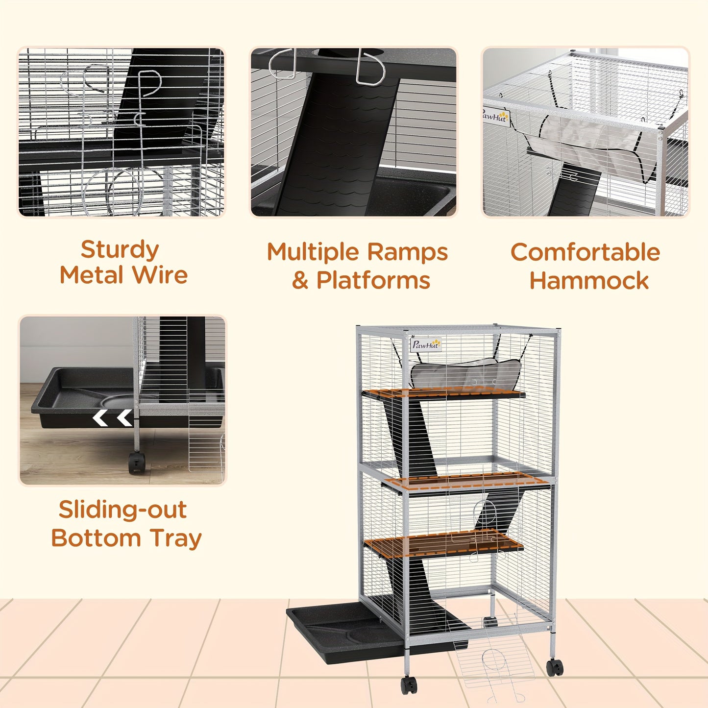 Metal Small Animal Cage Rolling Big Ferret Cage, with Hammock & 4 Tiers, Removable Tray, White