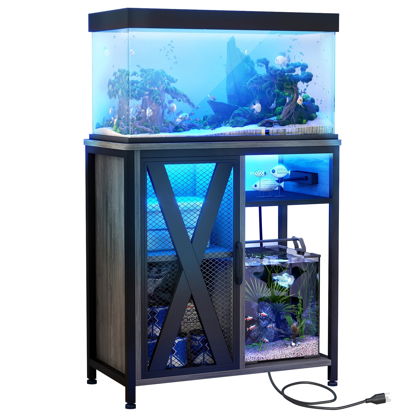 Aquarium Stand with Power Outlets & LED Light and Cabinet for 20- 29 Gallon Fish Tank Stand