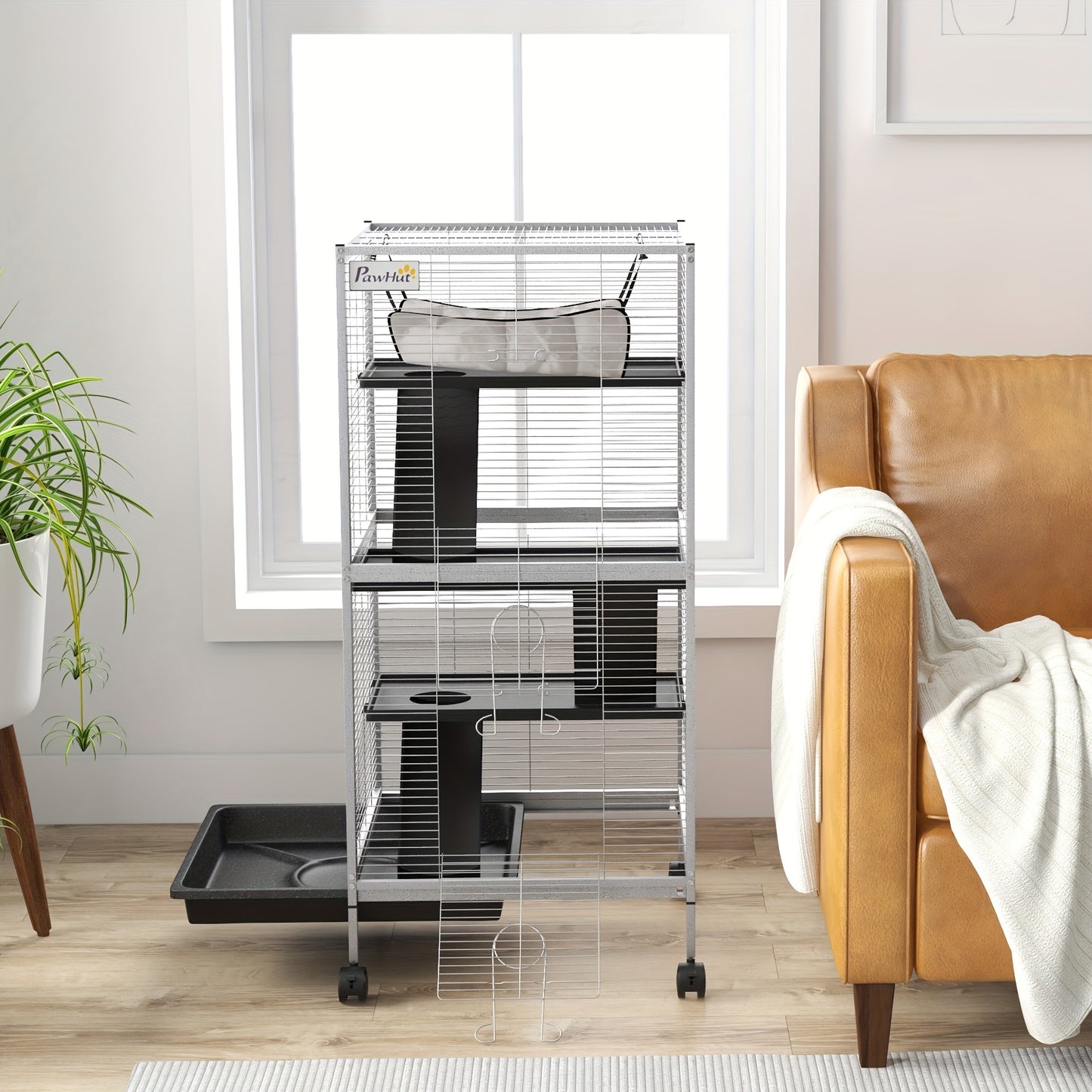 Metal Small Animal Cage Rolling Big Ferret Cage, with Hammock & 4 Tiers, Removable Tray, White