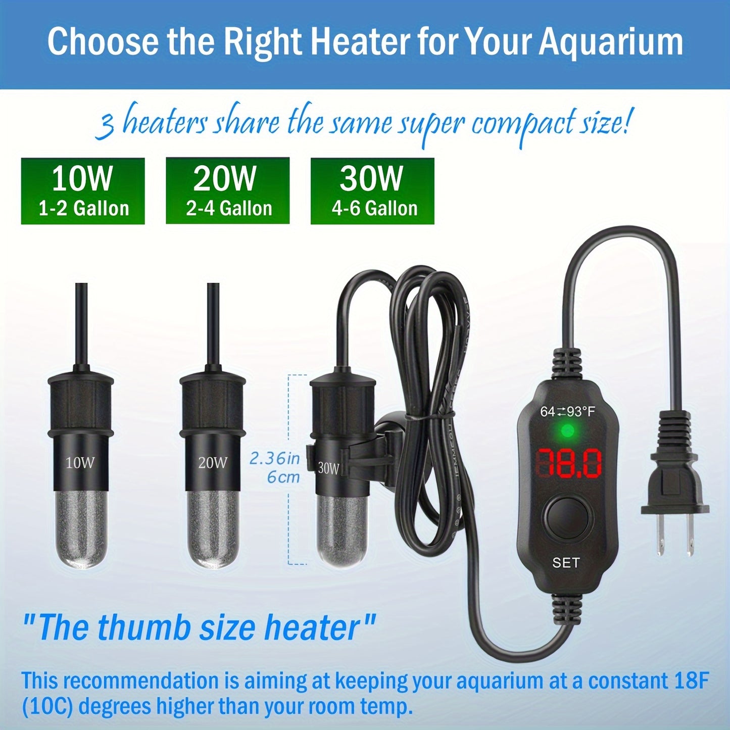 10W/20W/30W Small Aquarium Heater - Submersible, Digital Display Thermostat Turtle & Small Fish Tanks (1-6 Gallons)